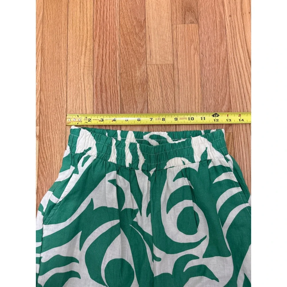 Green & White Abstract Wide Leg Elastic Waistband Lightweight Linen - Size XS